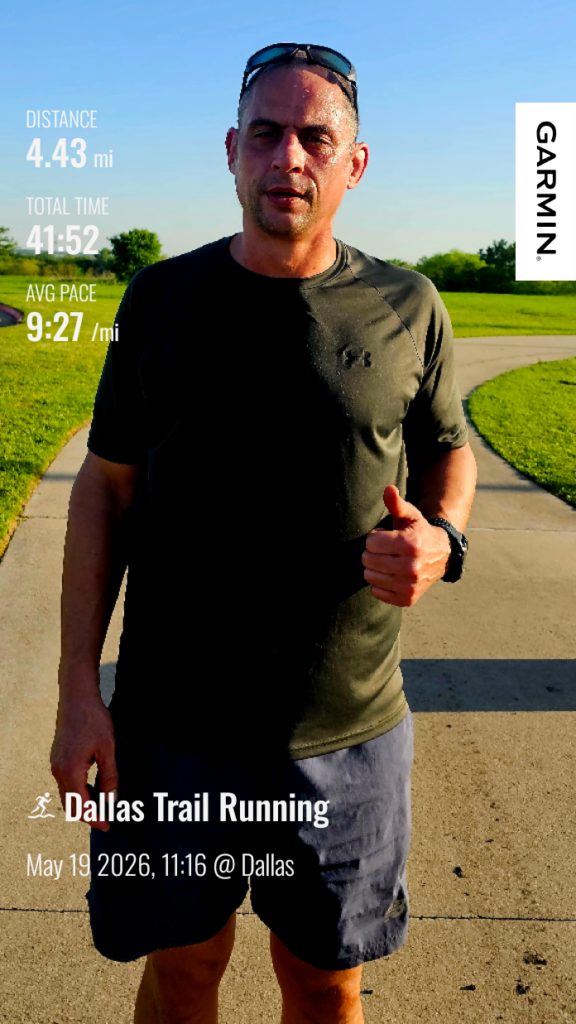 A high-energy outdoor fitness photo featuring a male runner standing on a paved Dallas trail